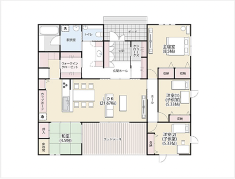 回遊できる動線で子育ても家事もラクになる平屋間取り図