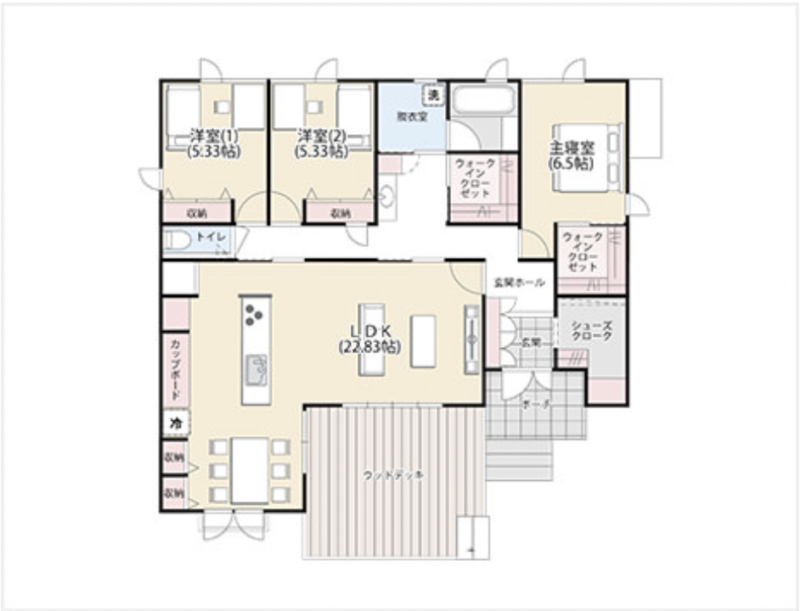 多⽬的に使えるウッドデッキとLDKがつながり広々と⾒える住まい間取り図