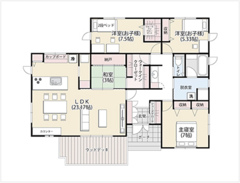 収納たっぷりで、家族5人の荷物や服もすっきり片付く平屋間取り図