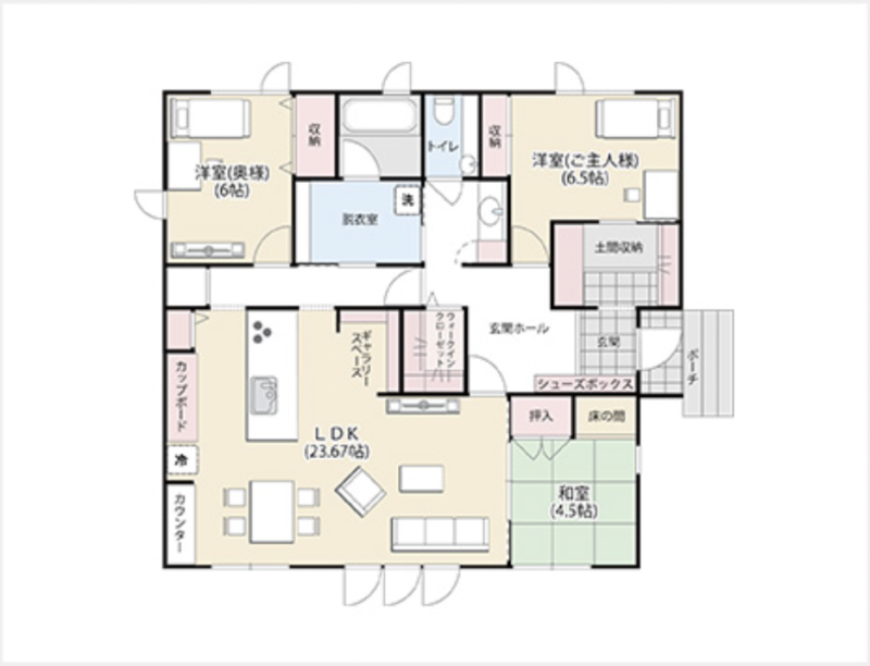 ご夫婦それぞれの趣味を楽しめる工夫が詰まった平屋間取り図